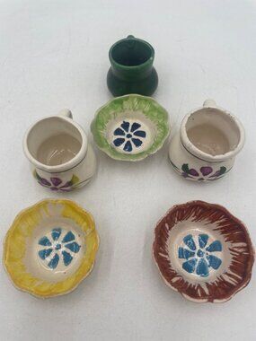 Vintage Miniature Ceramic Dishes & cups Hand-Painted Floral Designs Mexican Rust